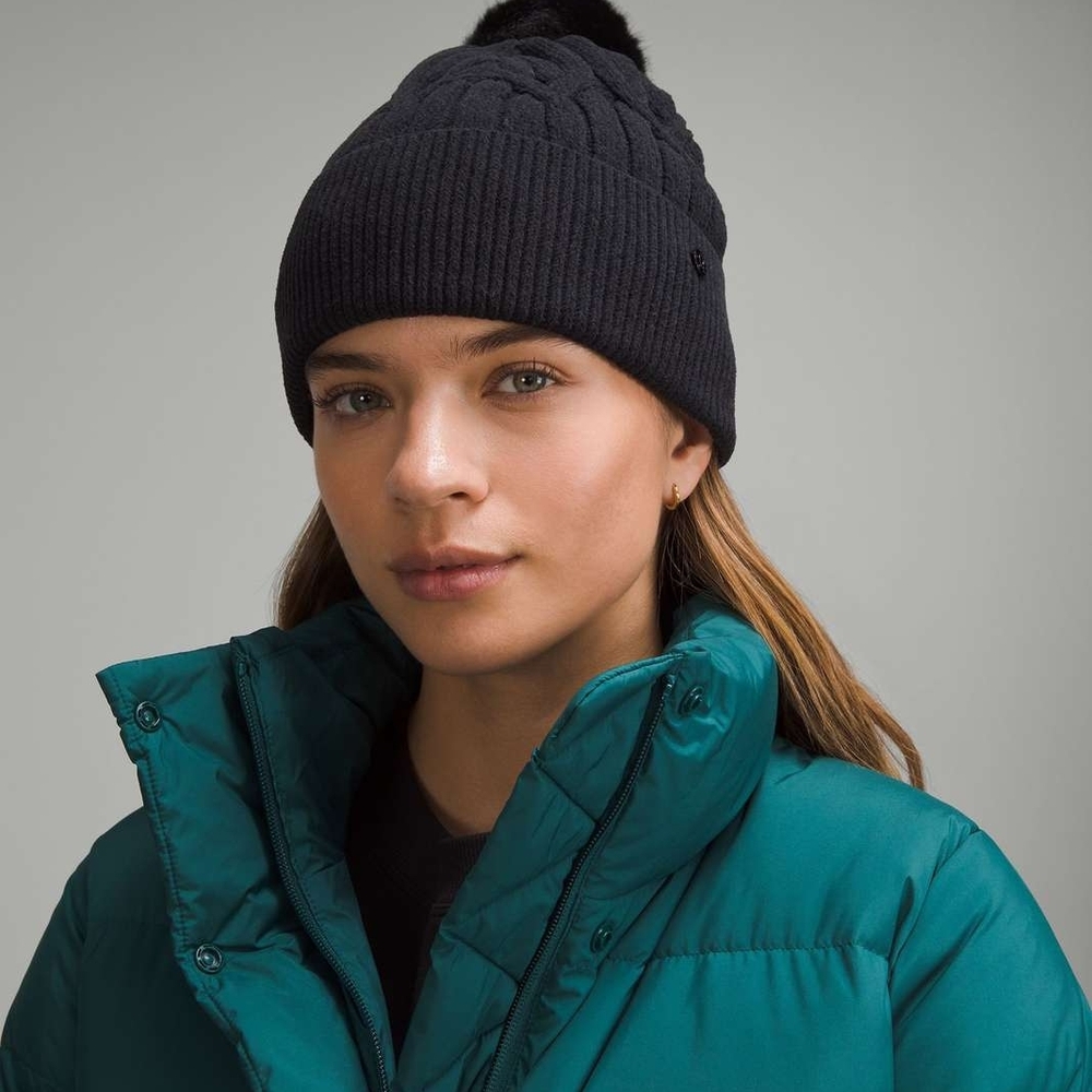 Lululemon Black Cable Knit Beanie Pom Pom